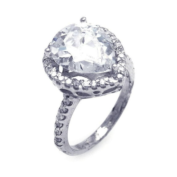 Sterling Silver 925 Rhodium Plated Clear Pear Center Cluster Ring White Cubic Zirconia Female Size 7