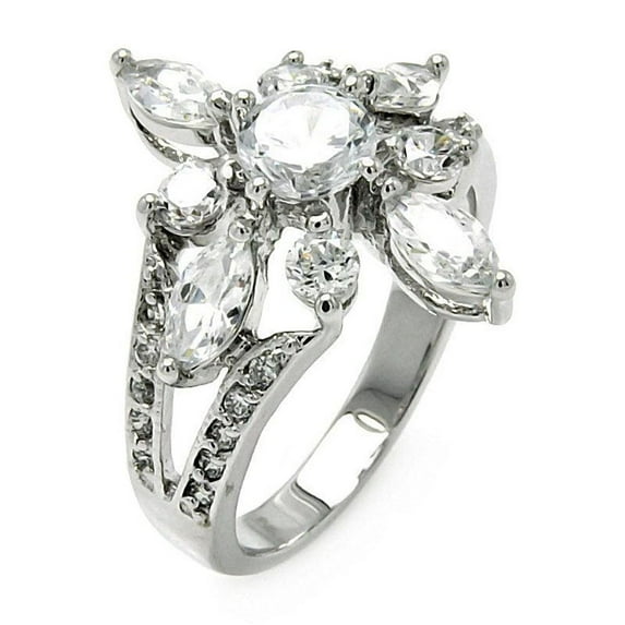 Sterling Silver 925 Rhodium Plated Clear Round Marquise Flower Ring White CZ Female Size 9