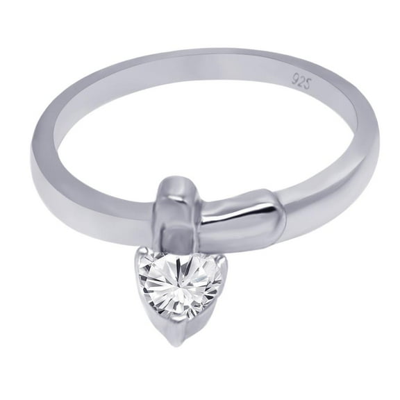 Sterling Silver 925 Rhodium Plated Dangling Heart Charm Ring Band White Cubic Zirconia Female Size 5