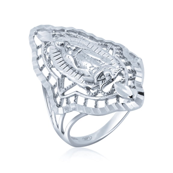 Sterling Silver 925 Rhodium Plated Diamond-Cut Lady of Guadalupe Ring White CZ Female Size 9