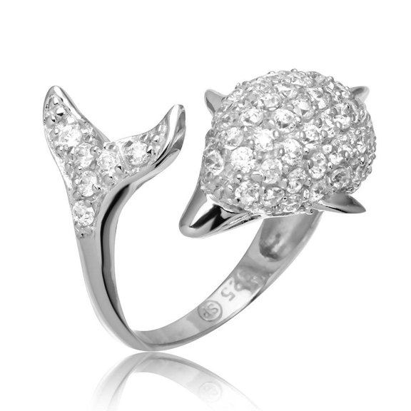 Sterling Silver 925 Rhodium Plated Dolphin Encrusted Clear CZ Ring White Jewelry Female Size 8