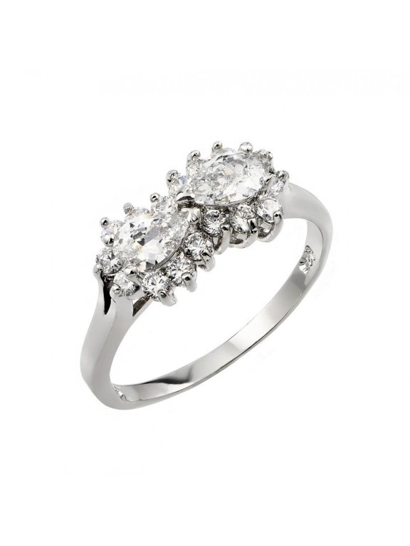 Sterling Silver .925 Rhodium Plated Double Cluster Clear CZ Ring White Jewelry Female Size 5