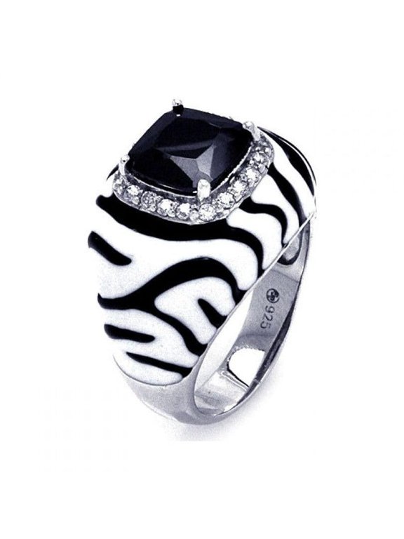 Sterling Silver 925 Rhodium Plated Enamel Black White CZ Zebra Ring Jewelry Female Size 8