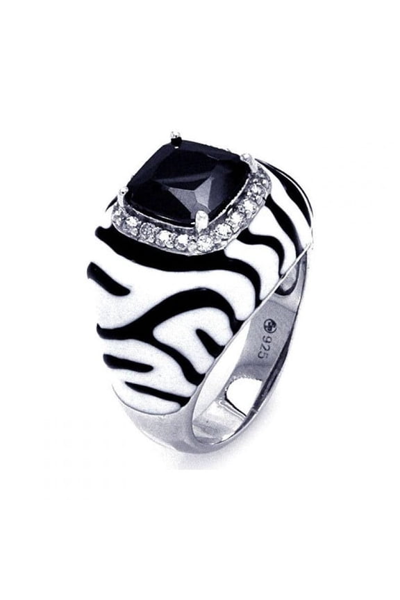 Sterling Silver 925 Rhodium Plated Enamel Black White CZ Zebra Ring Jewelry Female Size 8