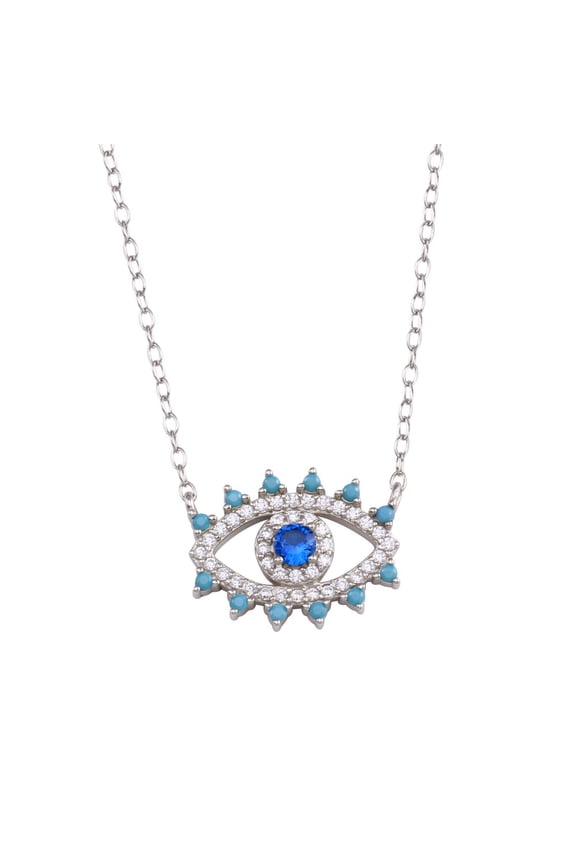 Sterling Silver 925 Rhodium Plated Evil Eye Blue CZ Necklace - STP01772RH