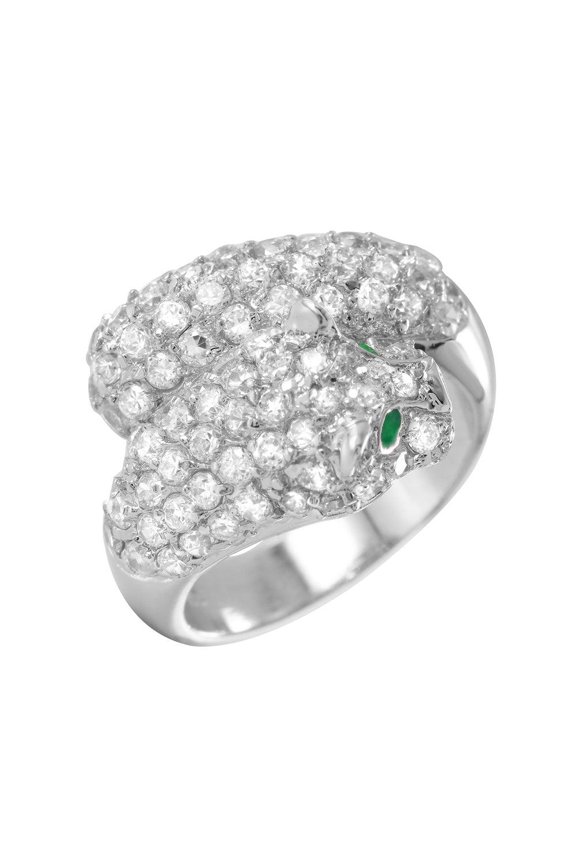 Sterling Silver 925 Rhodium Plated Green Clear Pave Set Jaguar Ring White CZ Female Size 9