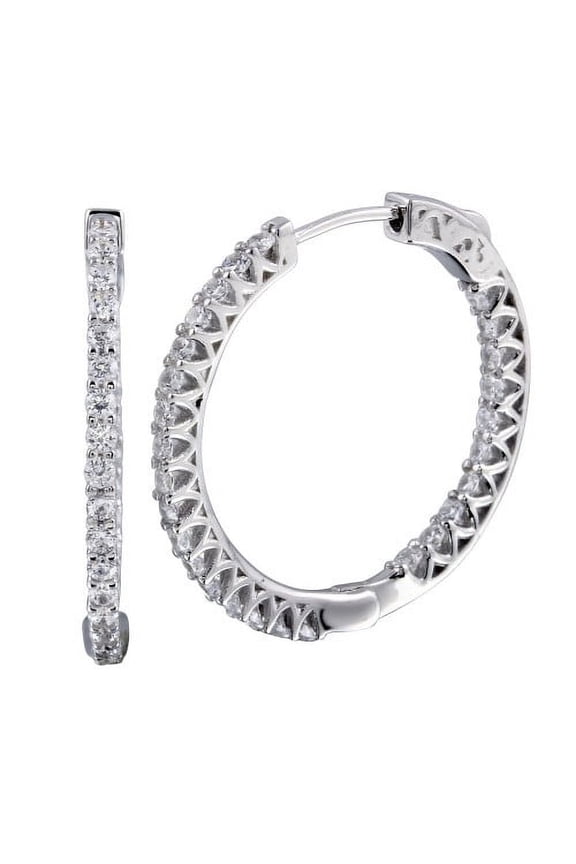 Sterling Silver 925 Rhodium Plated Inside Out CZ Hoop Vault Lock Earrings 30mm - STE01243