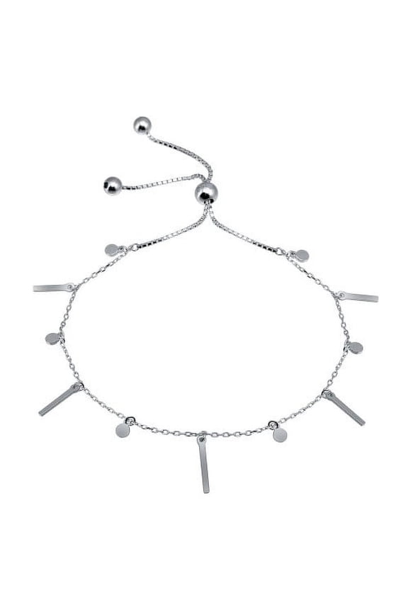 Sterling Silver 925 Rhodium Plated Layered Dangling Bar and Disc Chain Lariat Bracelet - GMB00069
