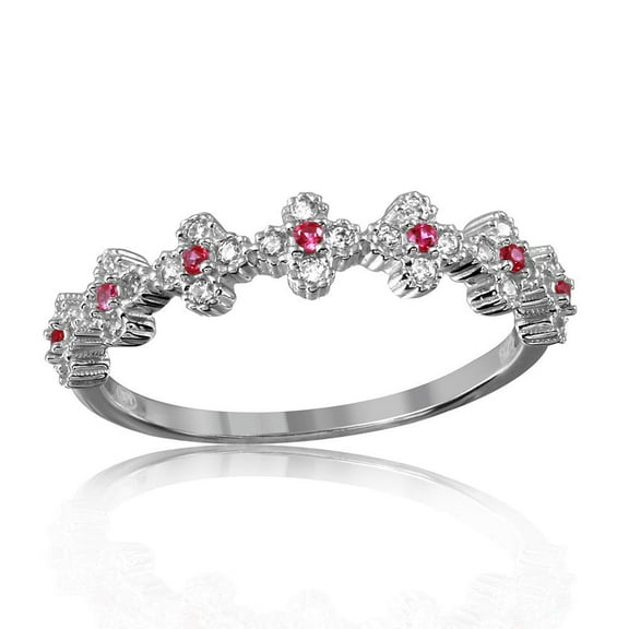 Sterling Silver 925 Rhodium Plated Lucky Clover Band Red & Clear CZ Jewelry Female Size 7
