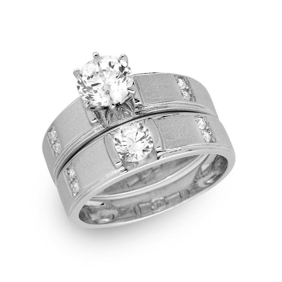 Sterling Silver 925 Rhodium Plated Matte Finish Bridal Set Ring Band White CZ Female Size 7