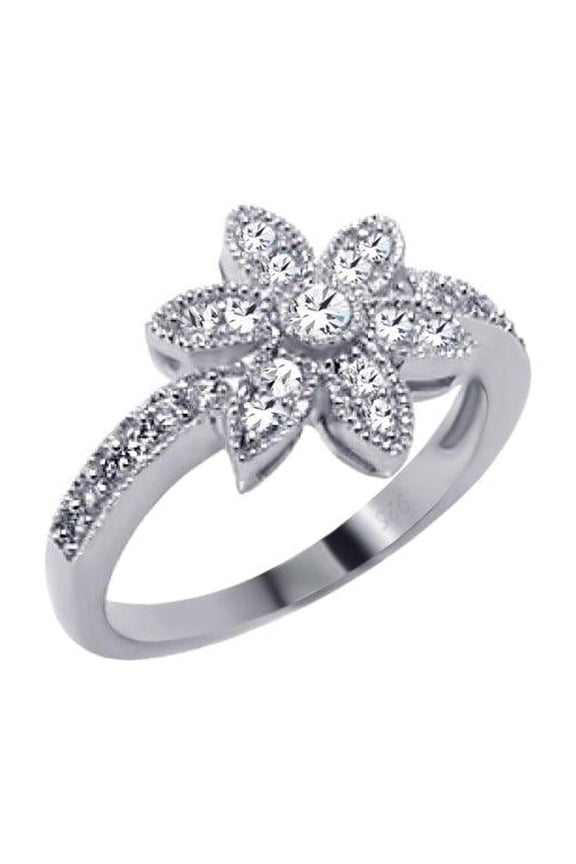 Sterling Silver 925 Rhodium Plated Micro Pave Flower Ring Band White CZ Jewelry Female Size 5