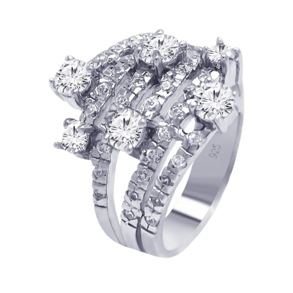 Sterling Silver 925 Rhodium Plated Multiple White Female Sized Clear Cubic Zirconia Wrap Ring Size 6