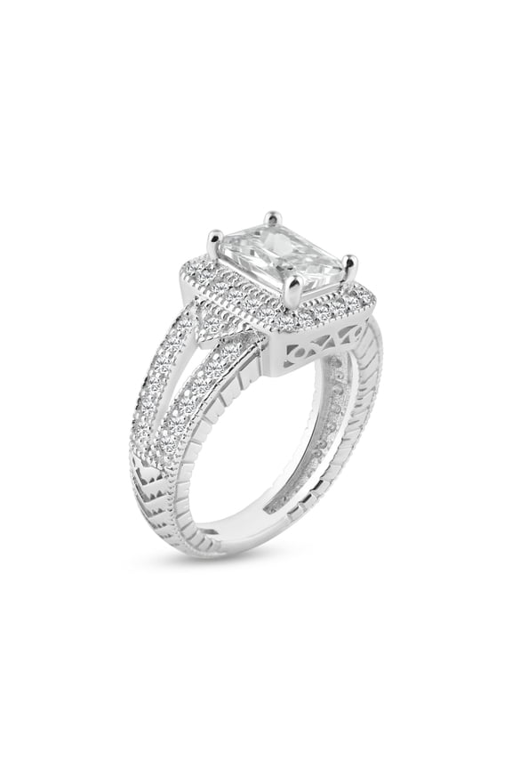 Sterling Silver 925 Rhodium Plated Pave Clear Cluster Square Ring White Cubic Zirconia Female Size 7