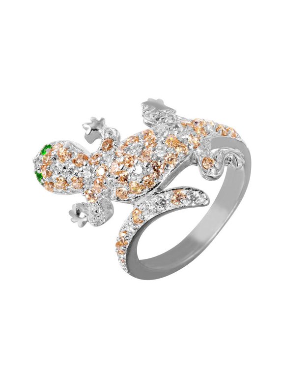Sterling Silver 925 Rhodium Plated Pave Lizard Gecko Animal Ring Green CZ Jewelry Female Size 5