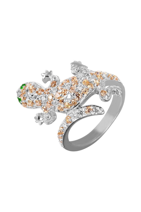 Sterling Silver 925 Rhodium Plated Pave Lizard Gecko Animal Ring Green CZ Jewelry Female Size 9