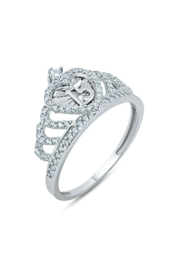 Sterling Silver 925 Rhodium Plated Quinceanera 15 Heart Crown Ring White CZ Female Size 5