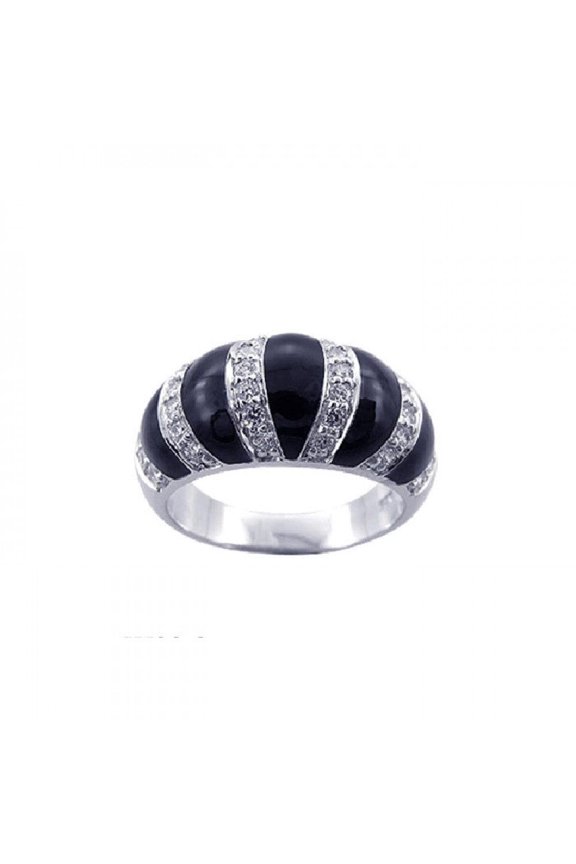 Sterling Silver 925 Rhodium Plated Simulated Black Onyx Stripe Ring White CZ Female Size 5