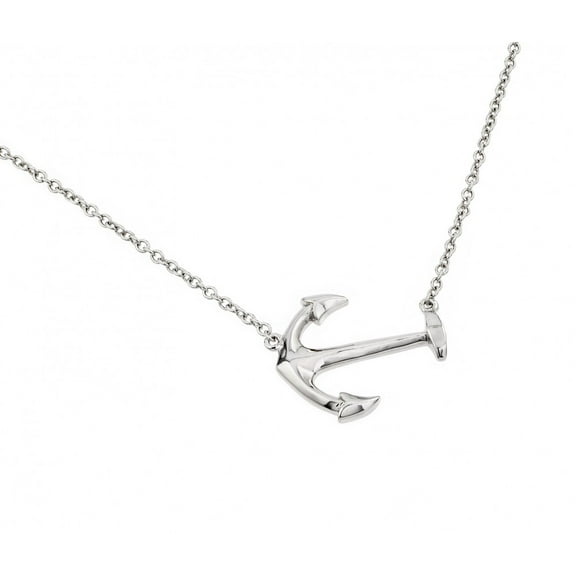 Sterling Silver 925 Rhodium Plated Solid Sideways Anchor Pendant Necklace - BGP00880