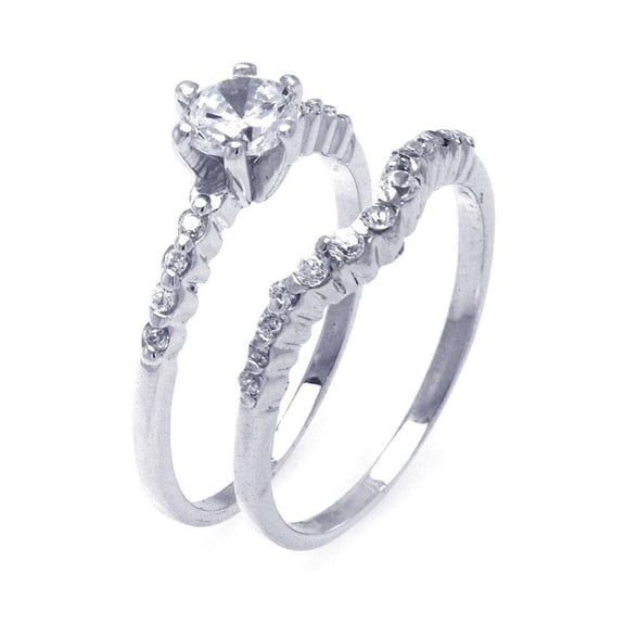 Sterling Silver 925 Rhodium Plated Solitaire Love Ring Wedding Set White CZ Female Size 5