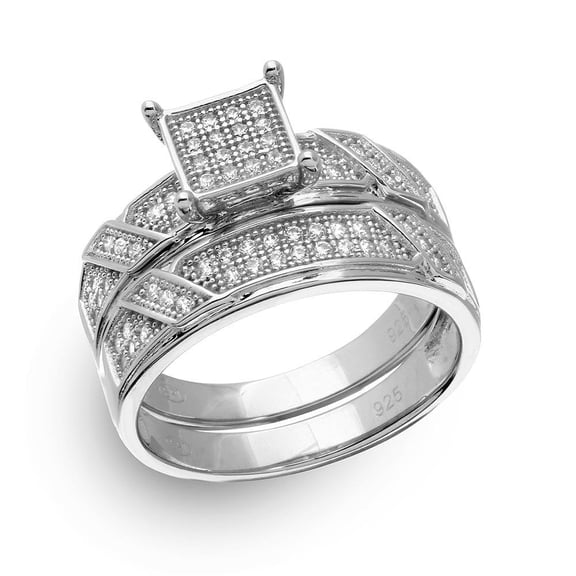 Sterling Silver 925 Rhodium Plated Square Pave Center Trio Bridal Ring White CZ Female Size 7
