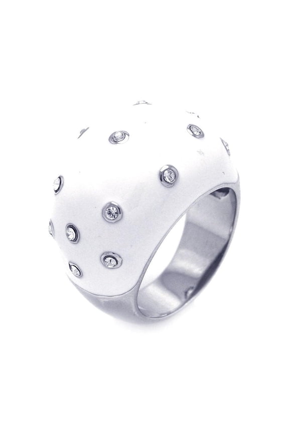 Sterling Silver 925 Rhodium Plated White Enamel Dotted Dome Ring CZ Jewelry Female Size 9