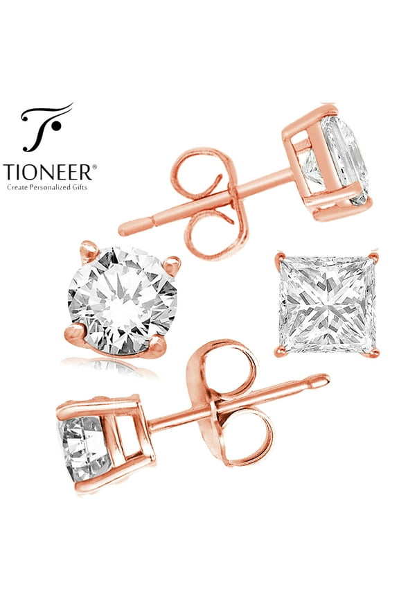 Sterling Silver 925 Rose Gold Plated Brilliant Round / Square Cut Clear Cubic Zirconia Ear Stud Earrings