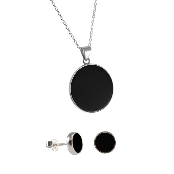 Echmeck Sterling Silver 925 Round Black Onyx Pendant Earrings Jewelry Set - Chain Not Included