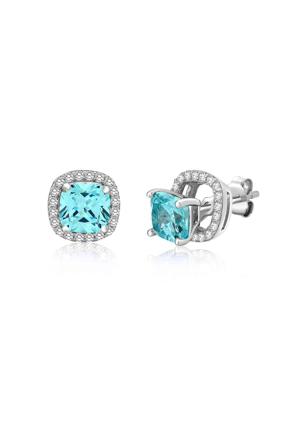 Sterling Silver 925 Simulated Aquamarine Cushion Rounded Square Halo Stud Post Earrings with Removeable Jacket
