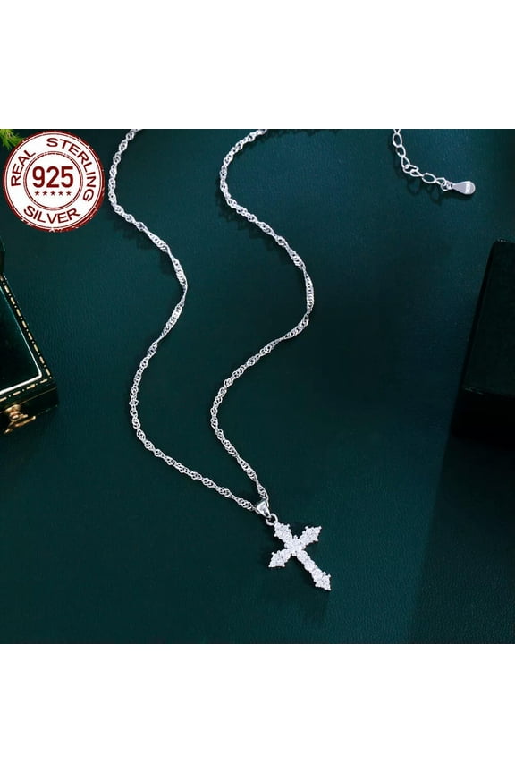 Sterling Silver 925 Solid Cross Cubic Zircon Pendent Necklace for Brides Wedding