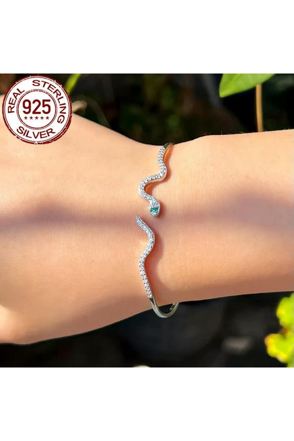 Sterling Silver 925 Solid Round Brilliant CZ Green Snake Bangle Animal Jewellery