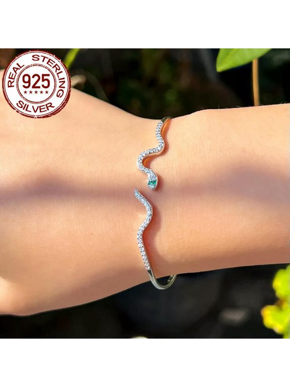 Sterling Silver 925 Solid Round Brilliant CZ Green Snake Bangle Animal Jewellery
