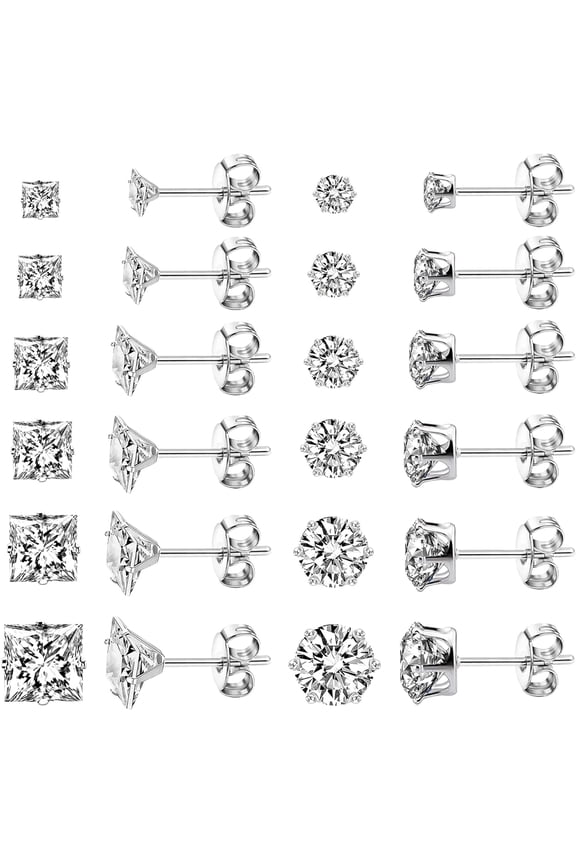 Sterling Silver 925 Solid Round and Square Brilliant Cut Cubic Zirconia Men Women Ear Stud Earrings