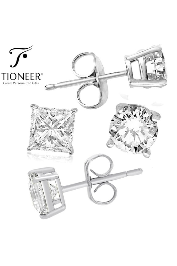 Sterling Silver 925 Solid Round or Square Brilliant Cut Cubic Zirconia Men Women Ear Stud Earrings