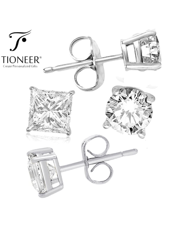 Sterling Silver 925 Solid Round or Square Brilliant Cut Cubic Zirconia Men Women Ear Stud Earrings