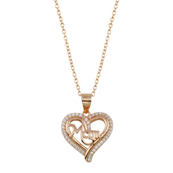 Sterling Silver .925 Women's Rose Gold Plated Mom Heart 44 Clear CZ Stones Pendant Chain Necklace