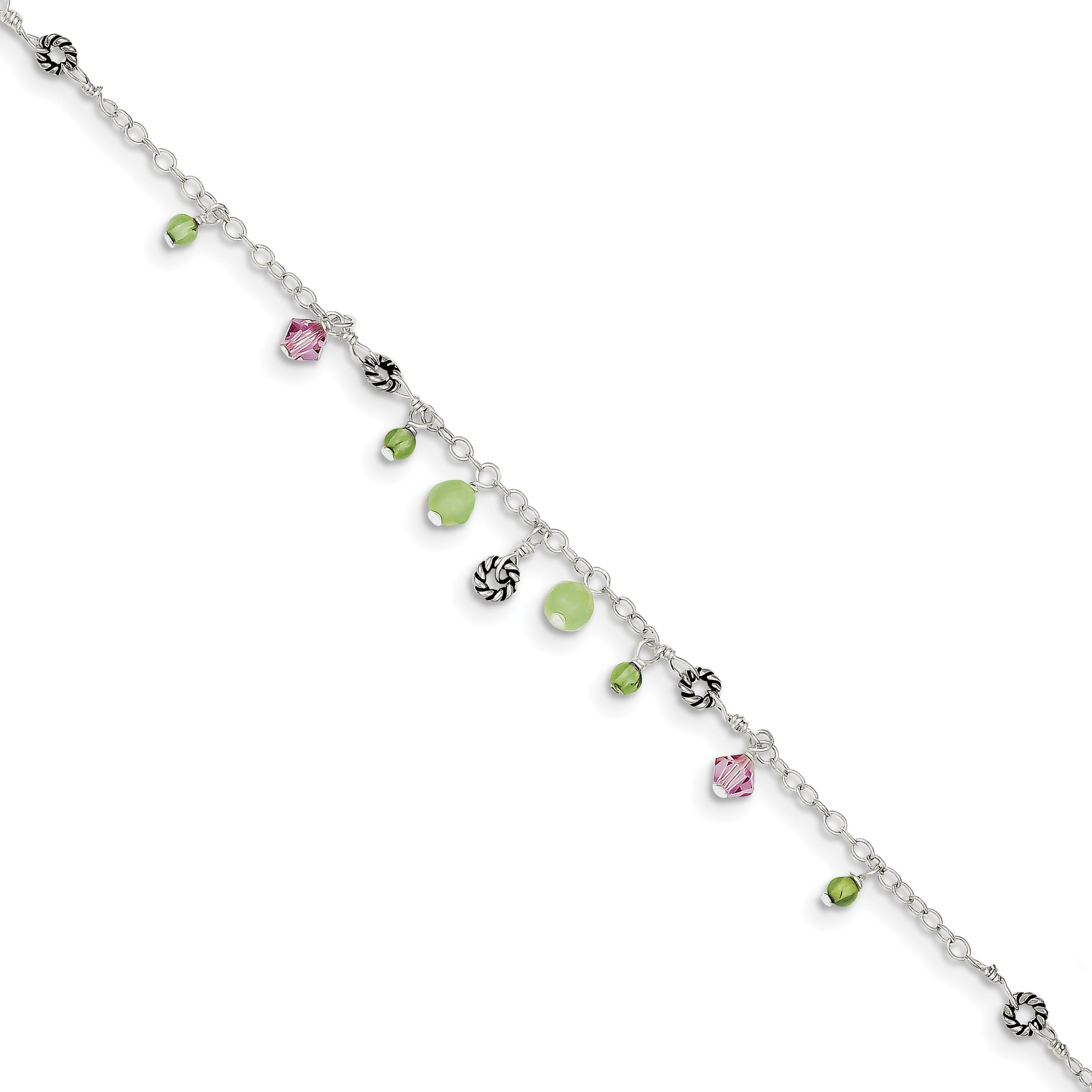 Sterling Silver 9in Pink Crystal Green Quartz Peridot Beads Anklet QG1401