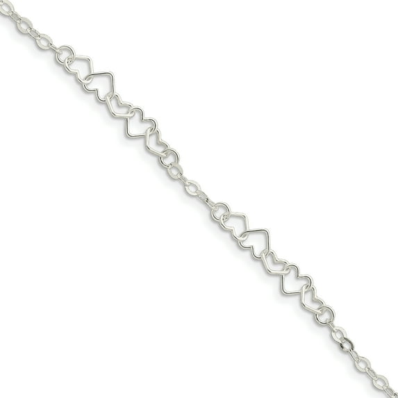 Sterling Silver 9inch Polished Fancy Heart Link Anklet