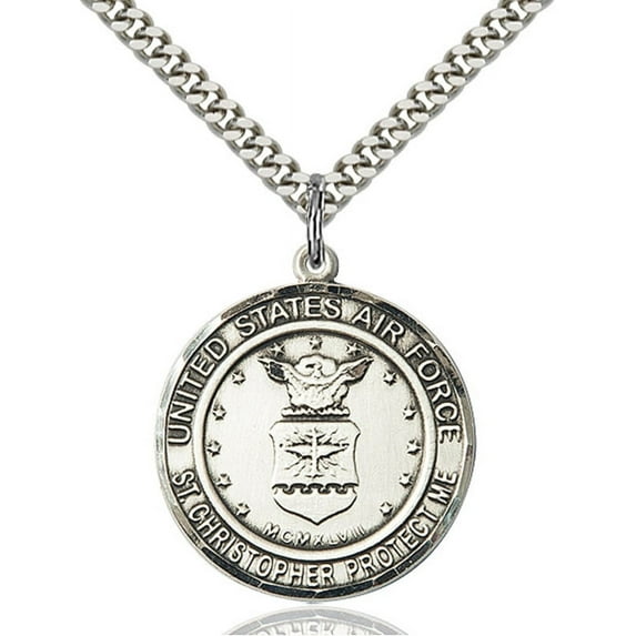 Sterling Silver AIR FORCE/ST. CHRISTOPHER Pendant 1 x 7/8 inches with Heavy Curb Chain