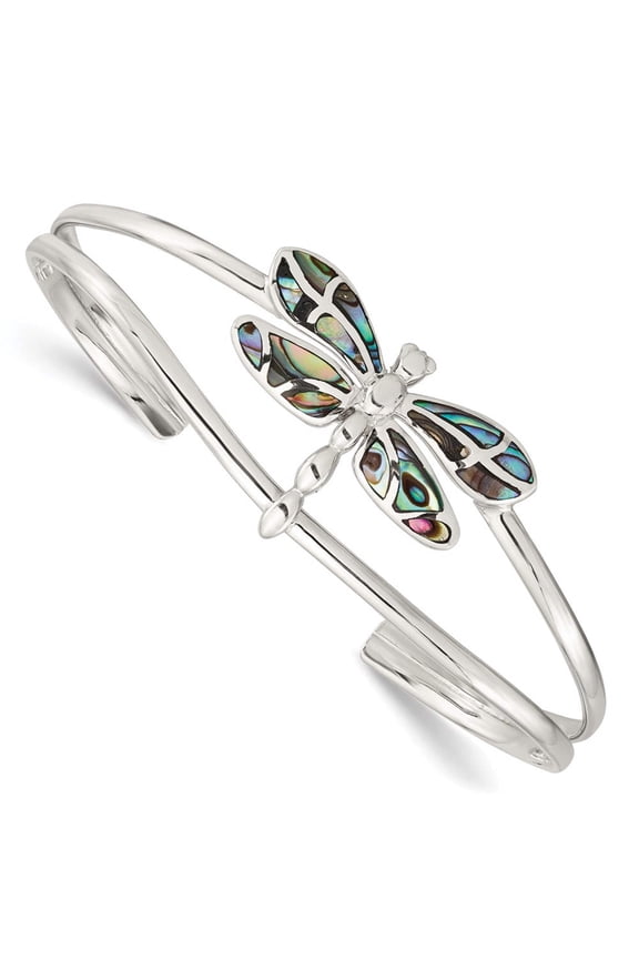 Sterling Silver Abalone Dragonfly Bangle Bracelet (Weight: 10.16 Grams, Length: Inches)