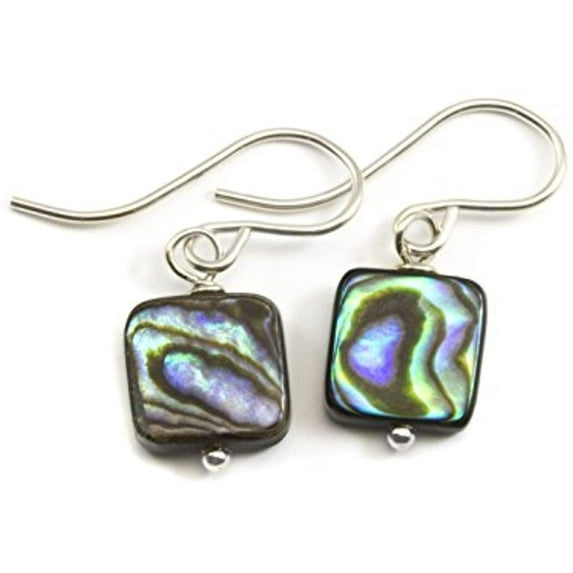 Sterling Silver Abalone Shell Earrings Mother of Pearl MOP Small Tiny Colorful Square Cut Drops Designed for Adult Women