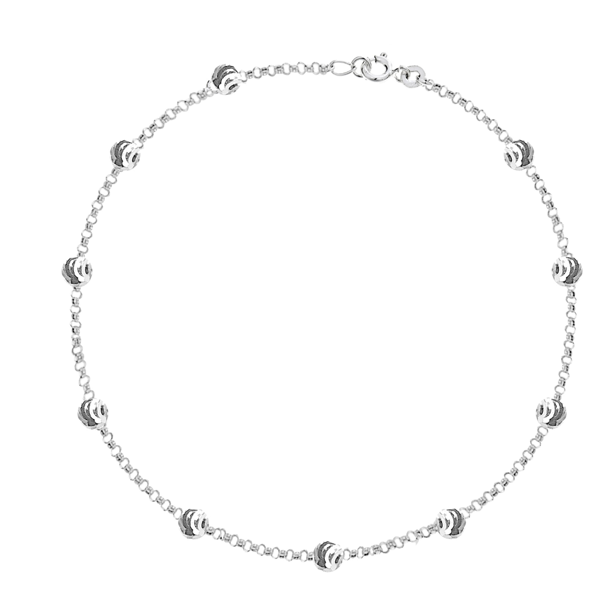 Sterling Silver Adjustable Moon-Cut Bead Station Italian Cable Chain Anklet