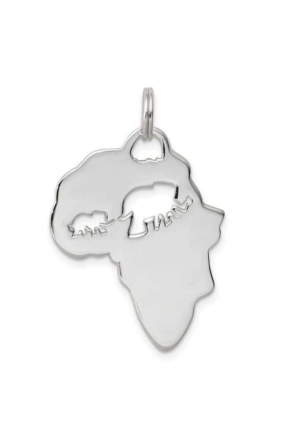 925 Sterling Silver Africa Map Elephant and Calf Pendant Charm, Polished Wildlife Design