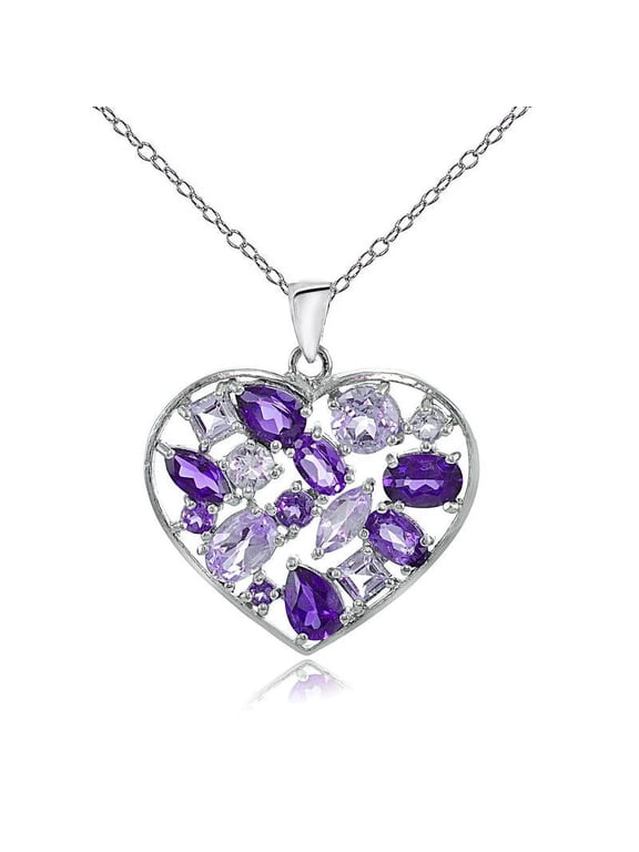 Sterling Silver African Amethyst & Amethyst Cluster Heart Tonal Necklace