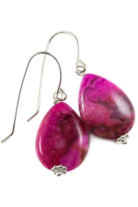 Sterling Silver Agate Earrings Hot Pink Gray Smooth Puffed Teardrops Simple Drops Silvertone Accents Designed for Adult Women