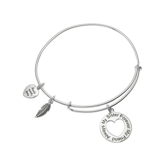 Sterling Silver Always My Sister Forever My Friend Love Heart Feather Dangle Charm Adjustable Wire Bangle Bracelet