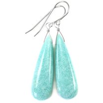Sterling Silver Amazonite Earrings Long Smooth Light Blue Teardrops Simple Contemporary Drops Designed for Adult Women