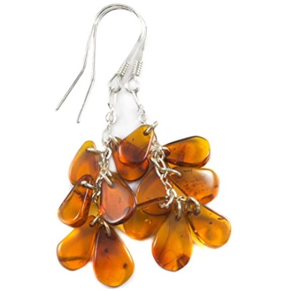 Sterling Silver Amber Earrings Cluster Chandelier Long Teardrops Honey Color 2 Inch Silvertone Accent Designed for Adult Women