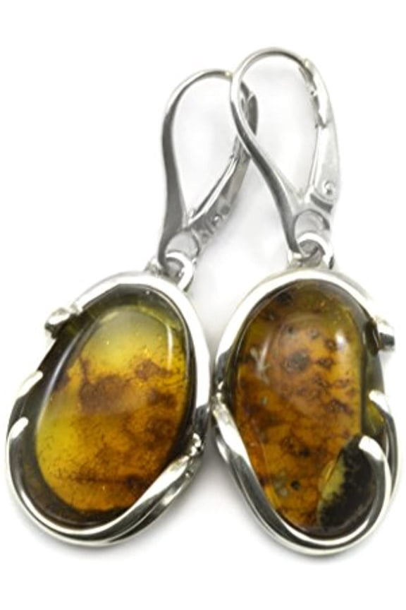 Sterling Silver Amber Earrings Large Honey Burnt Yellow Curved Oval Silvertone Bezel Set Drops Designed for Adult Women