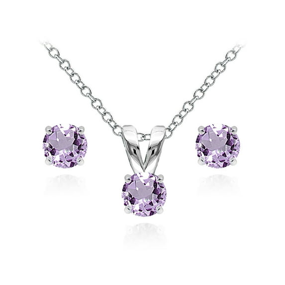 Sterling Silver Amethyst 5mm Round Pendant Necklace and Stud Earrings Set