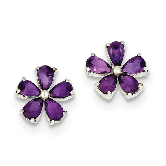 Sterling Silver Amethyst Floral Earrings - Measures 11x11mm Wide